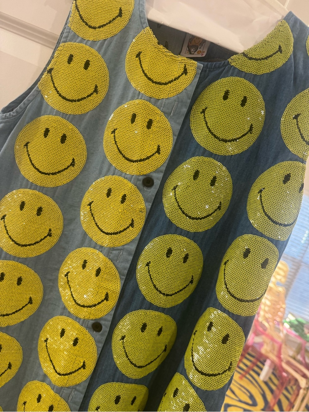 QUEEN OF SPARKLES Blue Denim Mini Dress with Yellow Smiley Sequins - Picture 3 of 4